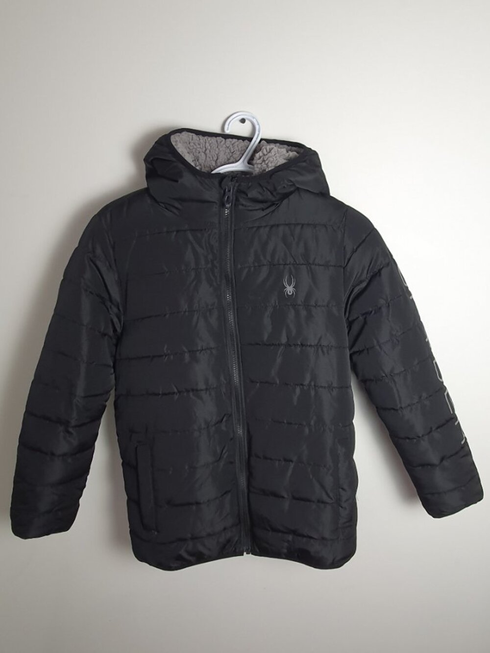 Boys Spyder Black Hooded Winter Puffer Jacket - Size L (10/12)